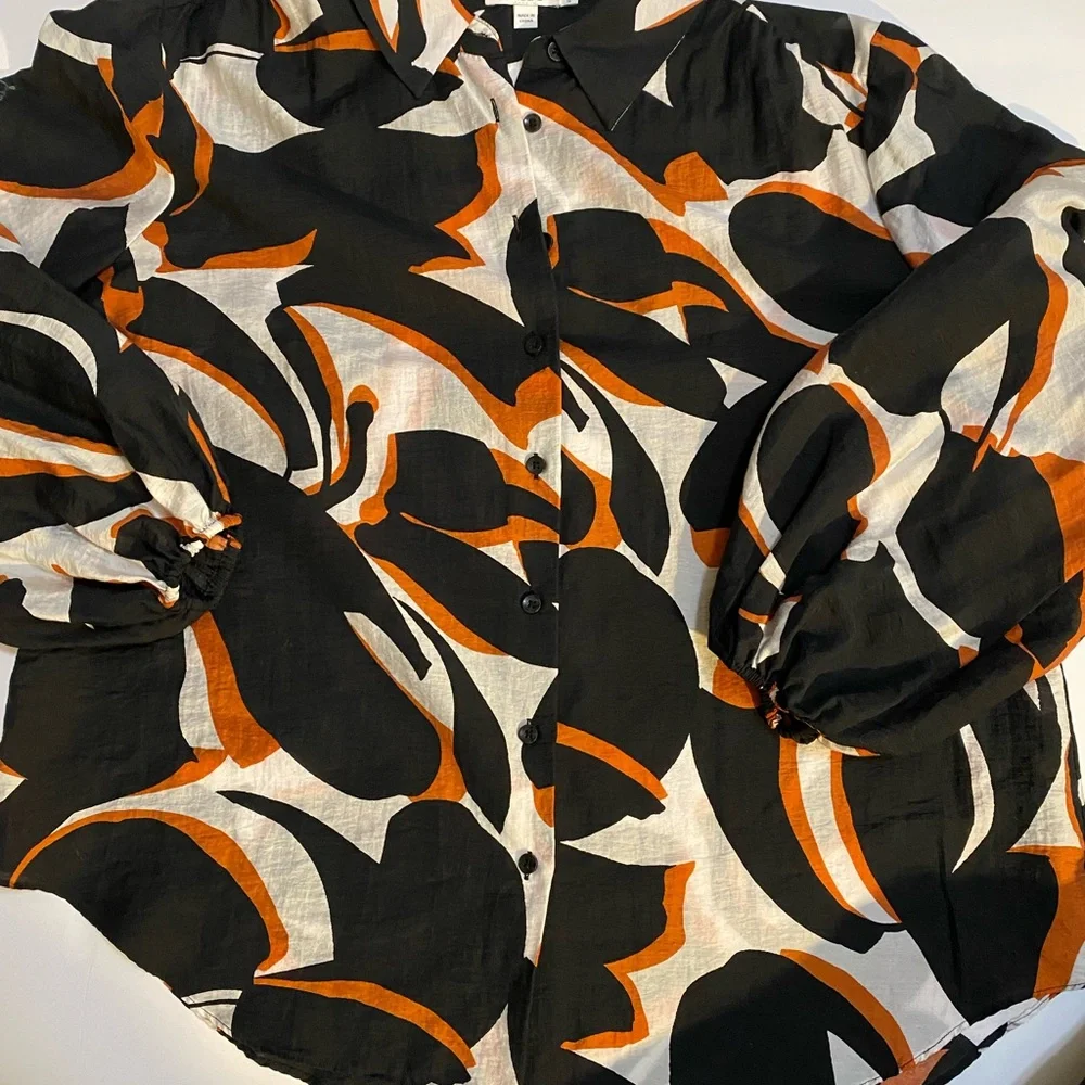 Chico's Black, White and Orange Abstract Button Down Blouse Size 14 - Picture 3 of 5